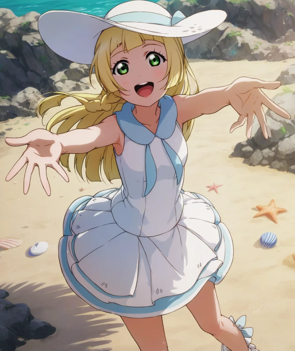 lillie \(pokemon\), love live!, blonde hair, green eyes, white dress, sleeveless, standing, looking at viewer, sun hat, open mouth, outstretched arms, beach, happy
BREAK
score_9, score_8_up, score_7_up, score_6_up, source_anime <lora:LLChar_Pony-000020:0.9>