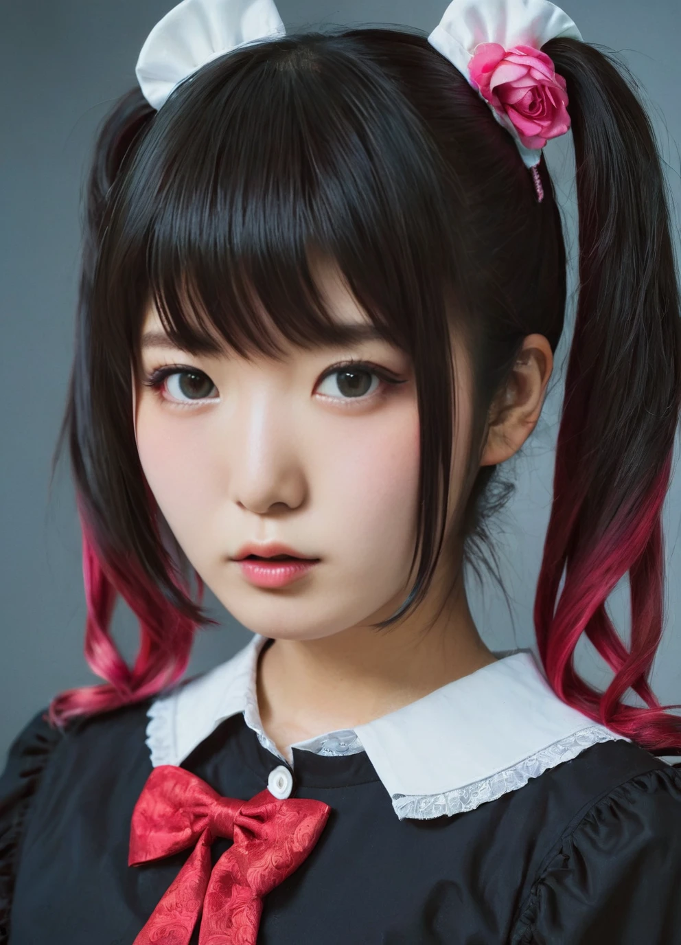 a beautiful picture of mikuKobatoXL, detailed skin texture,masterpiece, photorealistic, asian idol girl, RAW color photo,(fully in frame:1.1), (goosebumps:0.5), detailed face,cute,twintails,<lora:mikuKobatoXL:1>wearing a (blouse:1.2),dark hair