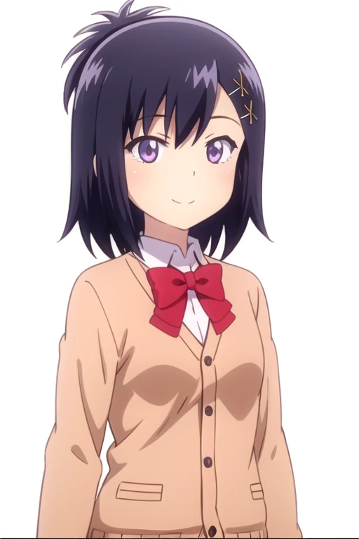 solo, 1girl, looking at viewer, 2D, anime, anime coloring, upper body, (simple background, solid white background:1.3), <lora:vigne-gabdro:0.8>, vignette tsukinose april, red bow, cardigan, school uniform, smile