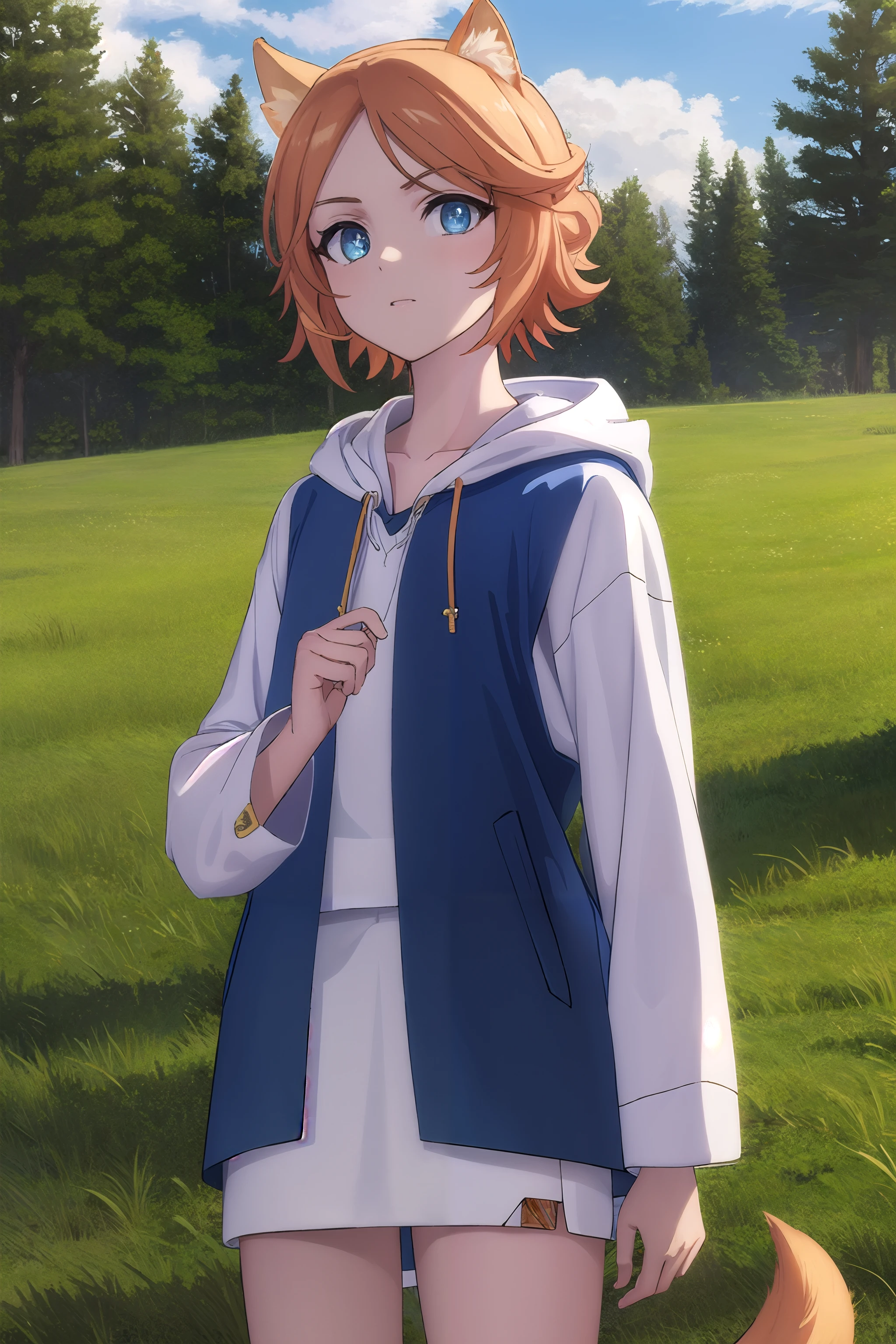 wyndia, <wyndia s3-lora-ivnaqn:1>, 1girl, short hair, light orange hair, animal ears, dog ears, dog tail, brown eyes,
BREAK shirt, white shirt, hoodie, blue hoodie, long sleeves, skirt, brown skirt, brown boots,
BREAK outdoors, forest, nature, sun, sky, trees, clouds, grass,
BREAK looking at viewer, (cowboy shot:1.5),
BREAK <lyco:GoodHands-beta2:1>, (masterpiece:1.2), best quality, high resolution, unity 8k wallpaper, (illustration:0.8), (beautiful detailed eyes:1.6), extremely detailed face, perfect lighting, extremely detailed CG, (perfect hands, perfect anatomy),