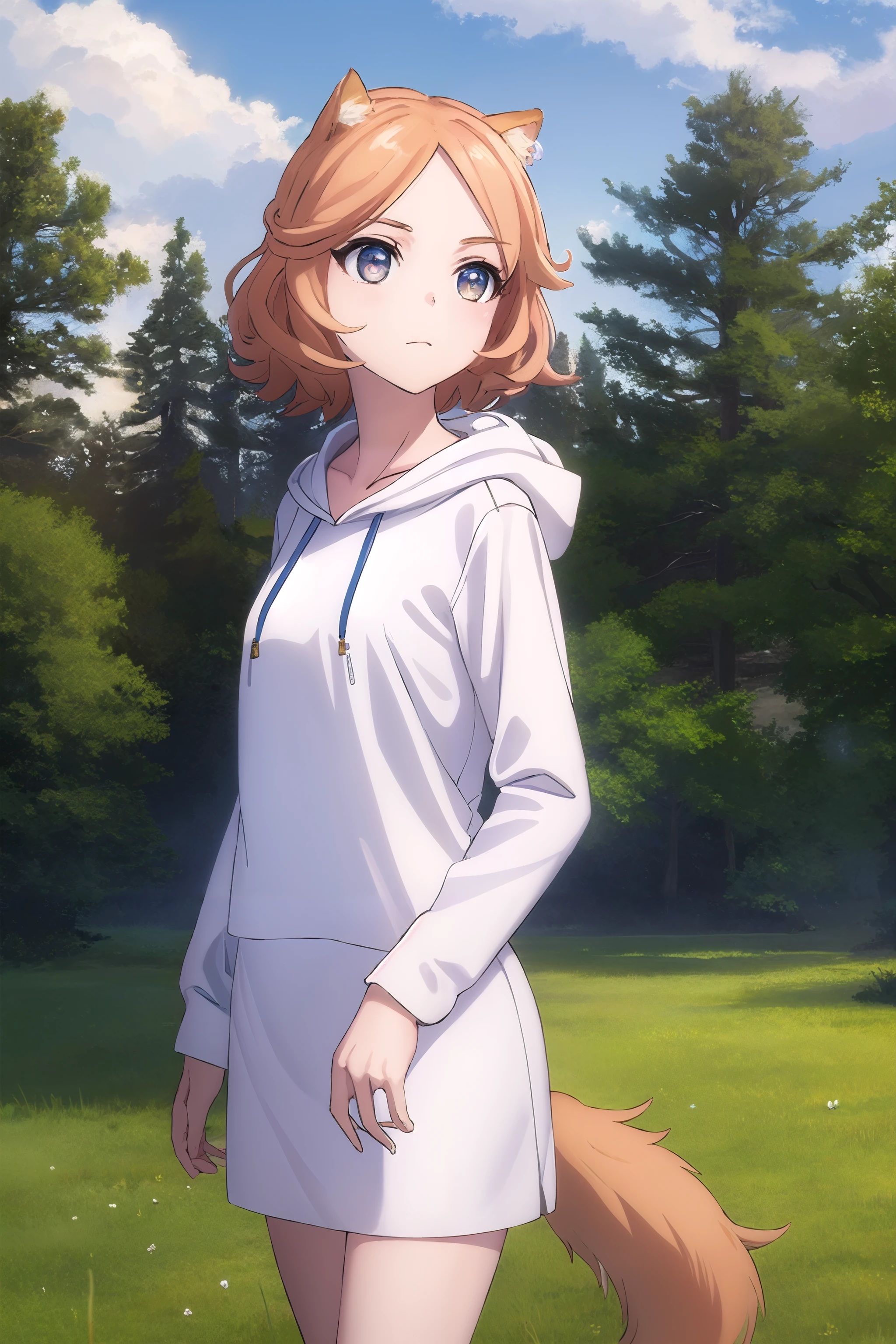 wyndia, <wyndia s3-lora-ivnaqn:1>, 1girl, short hair, light orange hair, animal ears, dog ears, dog tail, brown eyes,
BREAK shirt, white shirt, hoodie, blue hoodie, long sleeves, skirt, brown skirt, brown boots,
BREAK outdoors, forest, nature, sun, sky, trees, clouds, grass,
BREAK looking at viewer, (cowboy shot:1.5),
BREAK <lyco:GoodHands-beta2:1>, (masterpiece:1.2), best quality, high resolution, unity 8k wallpaper, (illustration:0.8), (beautiful detailed eyes:1.6), extremely detailed face, perfect lighting, extremely detailed CG, (perfect hands, perfect anatomy),