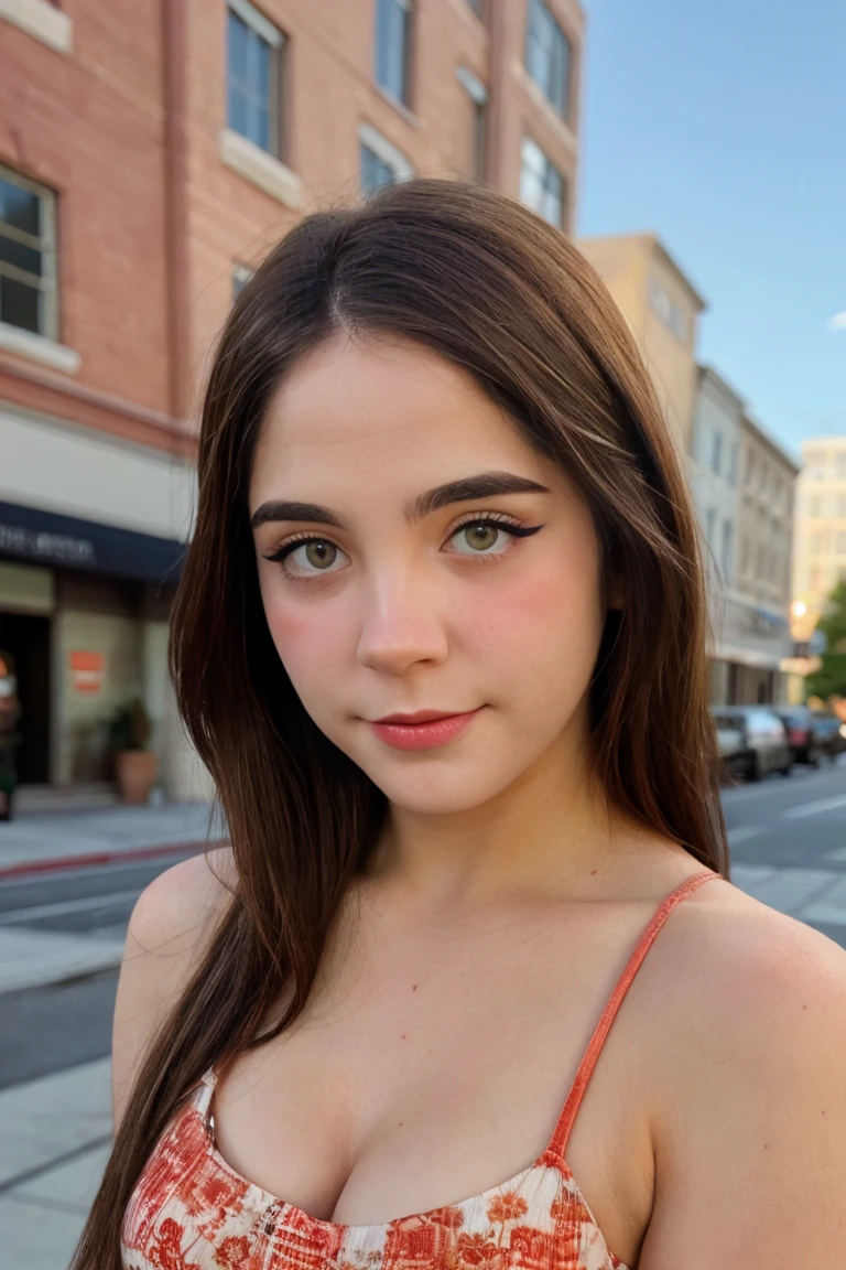 a picture of st4ryuuki15 woman,mid-twenty, brunette hair,detailed skin, surface scattering, bokeh, skin pores,  city streets,wearing a dress,outdoors, looking at viewer , hazel eyes <lora:st4ryuuki15 (6):1>