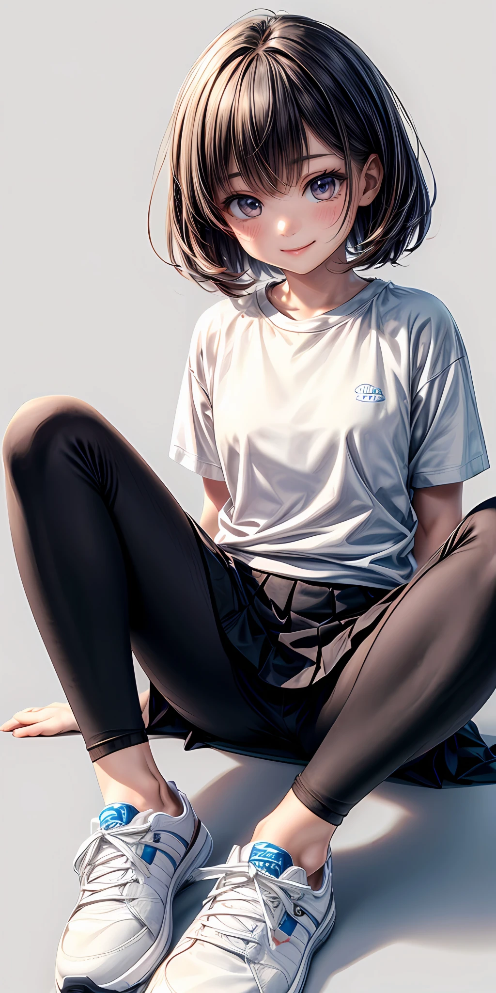 (masterpiece,ultra-detailed,best quality,8K,CG,illustration,shaved:1.0),(ite girl:1.0) <lora:more_details:1>, simple background, smile
<lora:leggings v1.0:0.3> jyojifuku, leggings, shirts , skirt , sneakers , sitting,squating