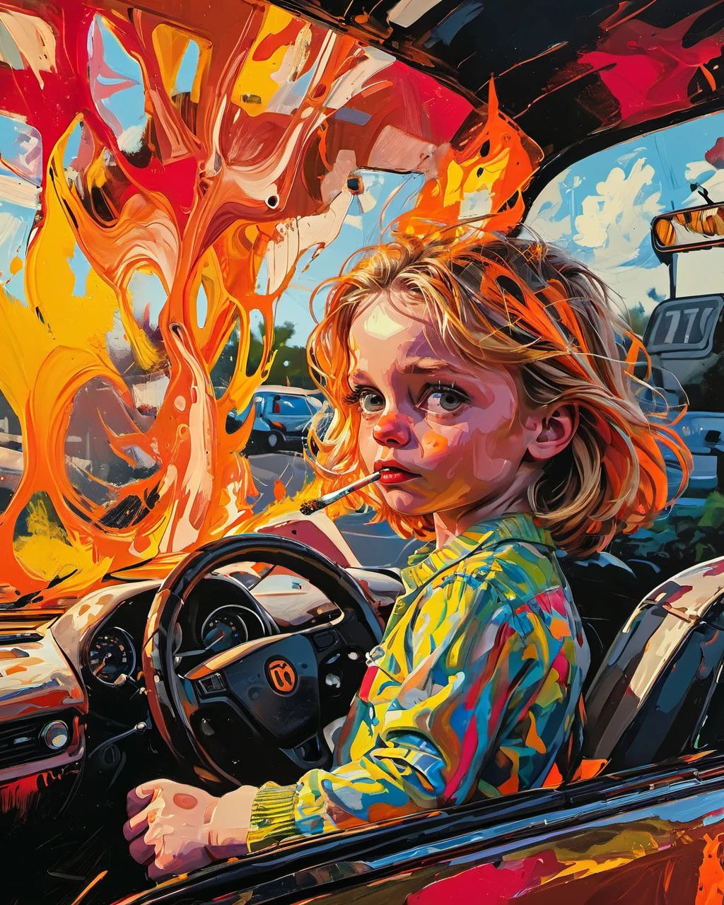 CRCLG style, a young girl driving a car, outside the windshield a MacDonalds is on fire, bold brush strokes, abstract painting