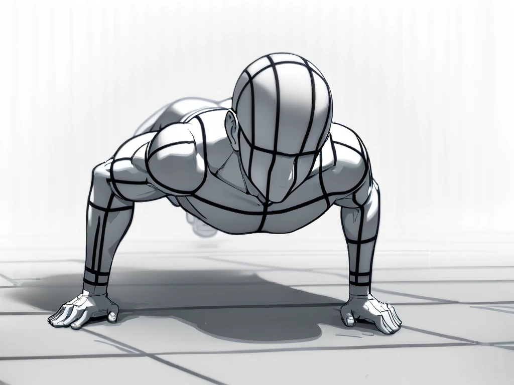 masterpiece, best quality,
bodykun, grey skin, [muscle], (wireframe), (faceless), bald, 1boy, solo, (on stomach), (excercising), (push up,pushs-up:1.4), hands on ground, (full body), outstretched arms, (outstretched legs),
simple background, white background, ((transparent background))