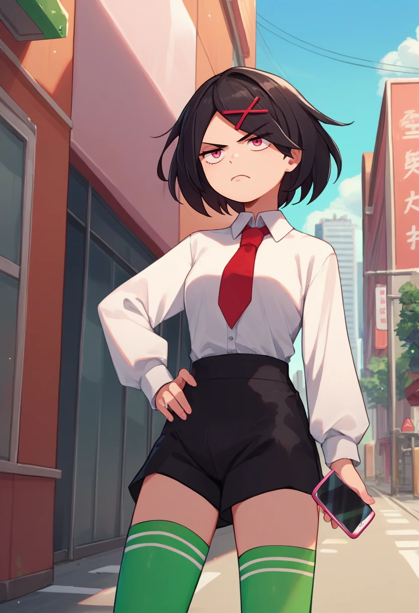 score_9, score_8_up, score_7_up, source_anime, solo, 1girl, rcgmisako, unamused, looking at phone, standing, hand on own hip, holding phone, hairclip, x hair ornament, white shirt, red necktie, long sleeves, black shorts, green thighhighs, outdoors, city street <lora:rcg_misako_ponyXL:1>