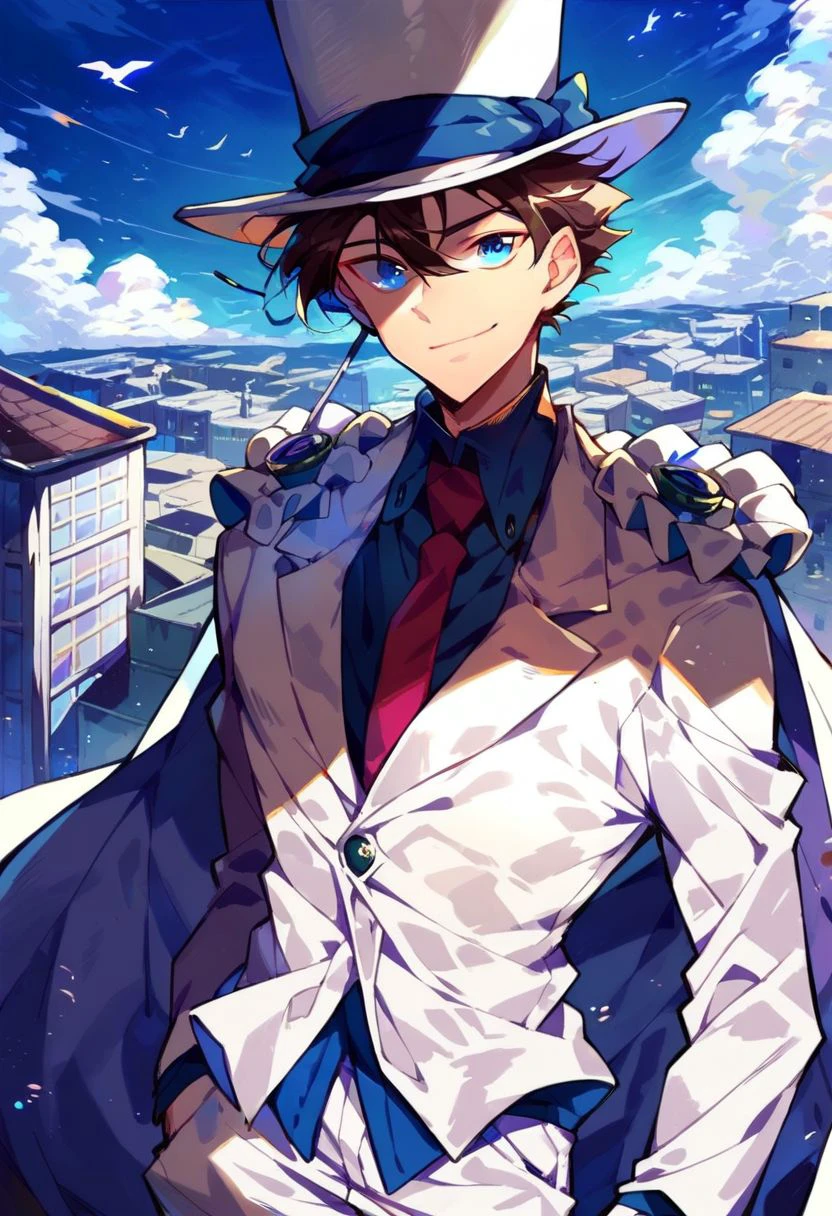 (score_9, score_8_up:1.1), score_7_up, kaito kid, 1boy, solo, brown hair, blue eyes, monocle, white top hat, purple shirt, necktie, white cape, pauldrons, white pants, roof, moonlight, smile