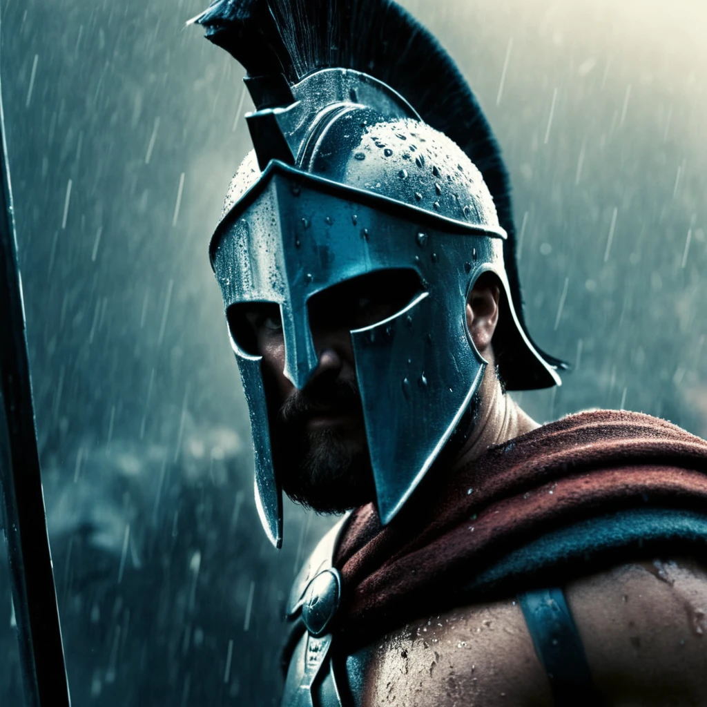 cinematic film still of  <lora:spartan style:1>
In ancient Greece in Sparta a spartan man in a helmet and a sword in the rain,solo,1boy,monochrome,male focus,from side,helmet,science fiction,rain,blue theme , realistic, realism, photorealism, hyperrealism, hyperrealistic, realistic, sharp, detailed, cinematography style, film light style, movie still,  professional photography, artistic, perfection, contrast, cinematic, filmic, high quality photo,  8k quality, colorful, photography style, different people, war, warrior, armor, spartan army style, spartan warrior style, spartan style, shallow depth of field, vignette, highly detailed, high budget, bokeh, cinemascope, moody, epic, gorgeous, film grain, grainy