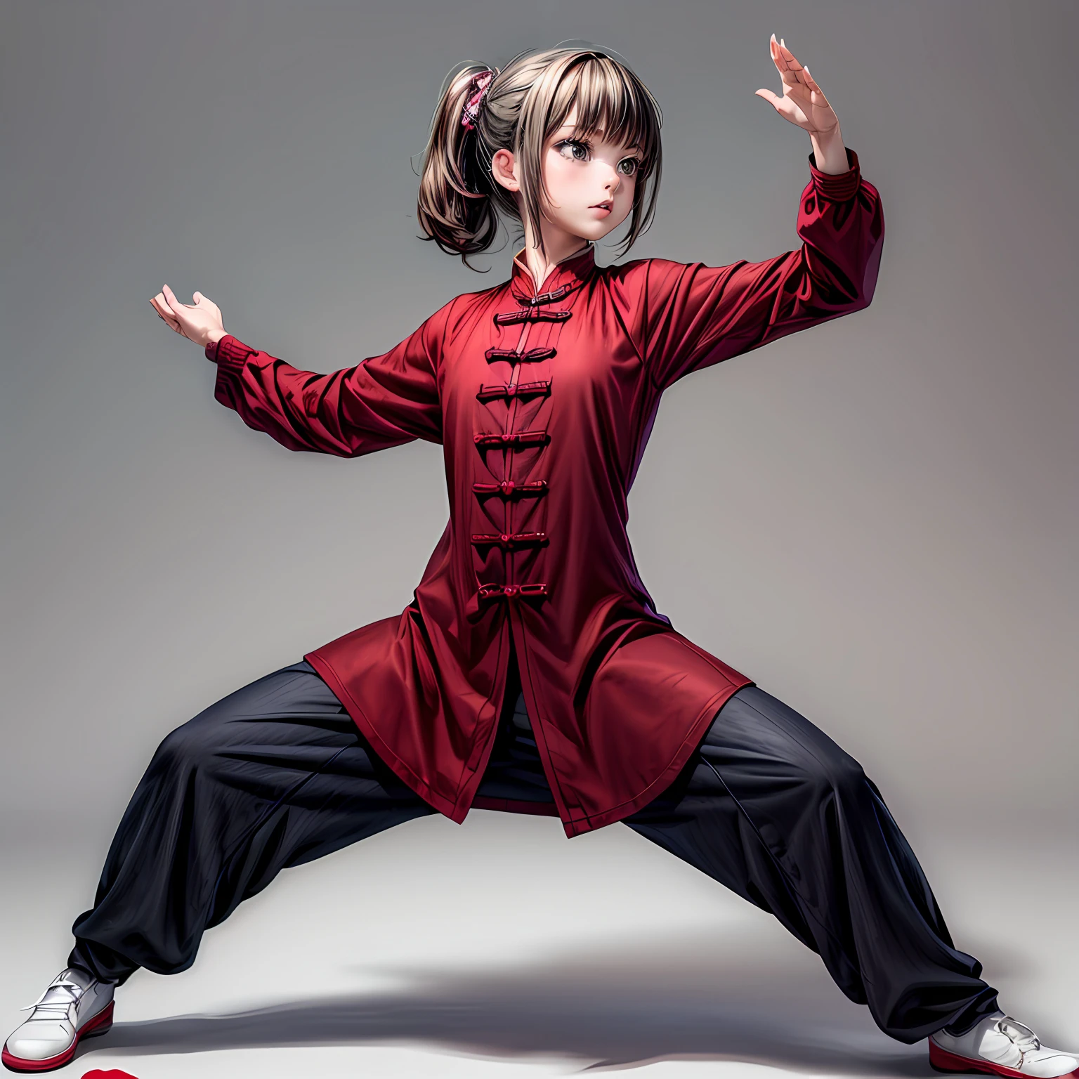 (masterpiece,ultra-detailed,best quality,8K,CG,illustration,shaved:1.0),(ite girl:1.2) <lora:more_details:1>,simple background
<lora:kung fu v1.0:0.5> jyojifuku, kung fu,pants,cowboy shot, fighting stance