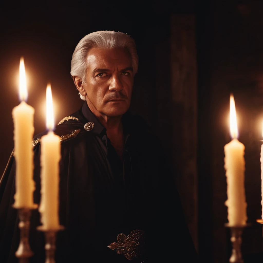 cinematic film still of  <lora:Zorro:1>
old Don Diego de la Vega a man staring at a lit candles in a dark room,solo,looking at viewer,1boy,white hair,male focus,indoors,robe,candle,old,old man,candlestand , realistic, realism, photorealism, hyperrealism, hyperrealistic, realistic, sharp, detailed, cinematography style, film light style, movie still,  professional photography, artistic, perfection, contrast, cinematic, filmic, high quality photo,  8k quality, colorful, photography style, zorro style, shallow depth of field, vignette, highly detailed, high budget, bokeh, cinemascope, moody, epic, gorgeous, film grain, grainy