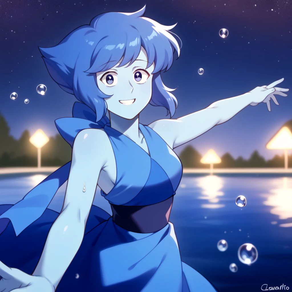 lapis_lazuli_lora lapis_sfw sfw, 1girl, blue hair, lapis lazuli \(steven universe\), steven universe, rating_safe, smile, memento photo, happy wholesome, INFP, introvert creative individualistic, perfect hands, outdoors, solo, looking at viewer, breasts, slim slender, blue skin, colored skin,source_anime, night, color stars,blurred background, stars in the background, blue stars, smile, water in the air, water drops, water drops reflect light, magical,anime, score_9, score_8_up, score_7_up, score_6_up,