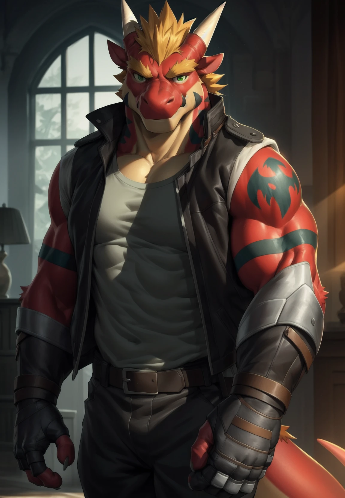 anthro, solo, delga, dragon, clothing, male, topwear, muscular, muscular anthro, jacket, shirt, fingerless gloves, green eyes, muscular male, red body, looking at viewer, hi res, bottomwear, tatoo, white vest, blonde hair, detailed background, photorealistic, realistic hands, 8k hd, extreme detail, (dark shadows, wide dynamic range, hdr, low light:1.2), by canyne khai,by milkytiger1145,by takemoto arashi,by null-ghost
<lora:delga_v2_12ep:1>