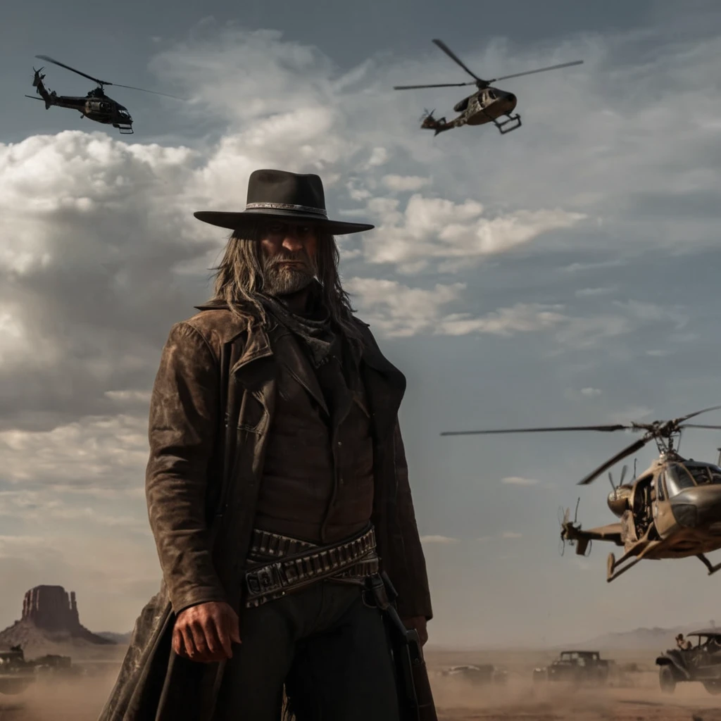 Dark Fantasy Art of  <lora:The Saint of Killers:1>
In the wild west, a picture of The Saint of Killers a man in a cowboy outfit standing in a desert with helicopters above and an army in background,1boy,hat,weapon,male focus,cloud,gun,facial hair,ground vehicle,motor vehicle,beard,handgun,smoke,aircraft,car,revolver,trench coat,dust , realistic, realism, photorealism, hyperrealism, hyperrealistic, realistic, sharp, detailed, cinematography style, film light style, movie still,  professional photography, artistic, perfection, contrast, cinematic, filmic, high quality photo,  8k quality, colorful, photography style, horror themed, western style, dark, moody, dark fantasy style