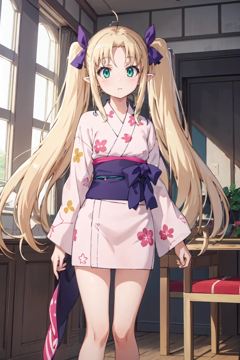 masterpiece, best quality, ultra-detailed, glistening shiny, glowing light, ray tracing, HDR, deph of field, (perfect face, detailed face),  <lora:AstarotteYgvar:0.7>, astarotte, long hair, twintails, pointy ears, purple hair ribbon, pink yukata, bare legs, standing