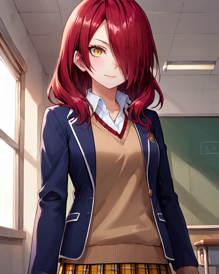 score 9, score 8 up, 1girl, masterpiece, <lora:Rindou_Kobayashi_Food_Wars_Pony_XL:0.8>, kobayashi rindou, red hair, hair over one eye, slit pupils, yellow eyes, school uniform, blue jacket, sweater, plaid skirt, classroom, scenery