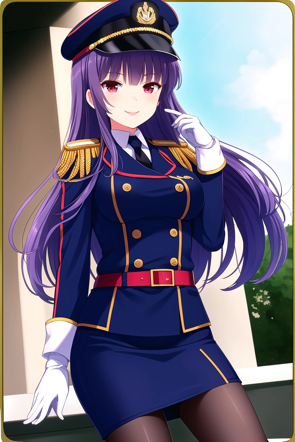 (masterpiece, best quality), highly detailed background, perfect lightingbest quality, kagurazakasaya, solo, outdoors, military, military hat, peaked cap, black headwear, purple hair, blunt bangs, very long hair, red eyes, medium breasts, epaulettes, blue jacket, black necktie, white shirt, long sleeves, white gloves, black belt, miniskirt, pencil skirt, black pantyhose, military uniform, smile, closed mouth, pink lips, <lora:Kagurazaka-Saya:0.7>