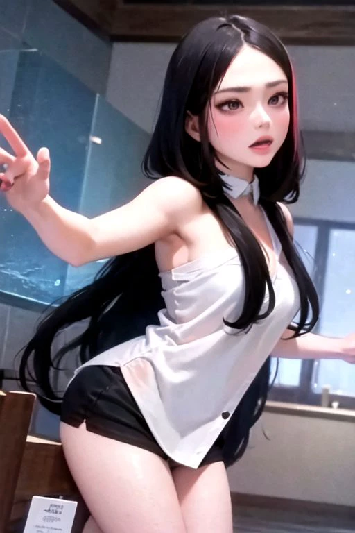 from top. masterpiece. highly detailed, uhd, 4k, render. shiny skin. cinematic lighting. 35 mm, dynamic lighting, facial makeup，adorable，Moe girl，colorful makeup，trinkets, (black hair), (blue eyes)，succubus, Hairstyle with two pigtails, (((standing pose facing the observer))) , (very tiny horns), ((scared facial expression)), nude, squating, legs open, shaved, sexy outfit, bdsm, bdsm outfit, small elf ears, pale skin, ((full shot)), (frontal shot), monochrome background, bedroom, better framing.BREAK. Luscia is a young succubus who has just been born, she knows nothing about the succubus world.