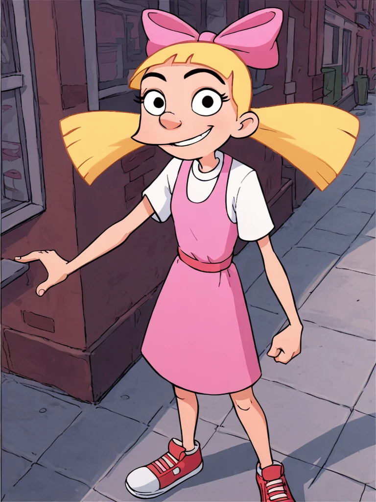 Helga, 1girl, solo, blonde hair, hair bow, pink dress, monobrow, black eyes,smile, floating hair, twintails, style parody, white background, sneakers,city, looking at viewer, standing <lora:HelgaPony1.0:0.7>, score_9, score_8_up, score_7_up, score_6_up <lora:Jabstyle_AMXLV1:1>