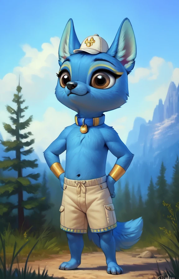 MiguelRBUK  <lora:MiguelRBUK:0.85> [road, earth, forest, trees, sky, clouds, mountains,]    MiguelRBUK, blue wool, blue-yellow collar, brown eyes, cap, bracelets on the wrist,
blue textured fur, solo,  looking at viewer, to his full height,  (beautiful, aesthetic, perfect, delicate, intricate, masterpiece, ) (Hands on hips, standing,)
by ulitochka, by taran fiddler, by Silverfox5213, by personalami,