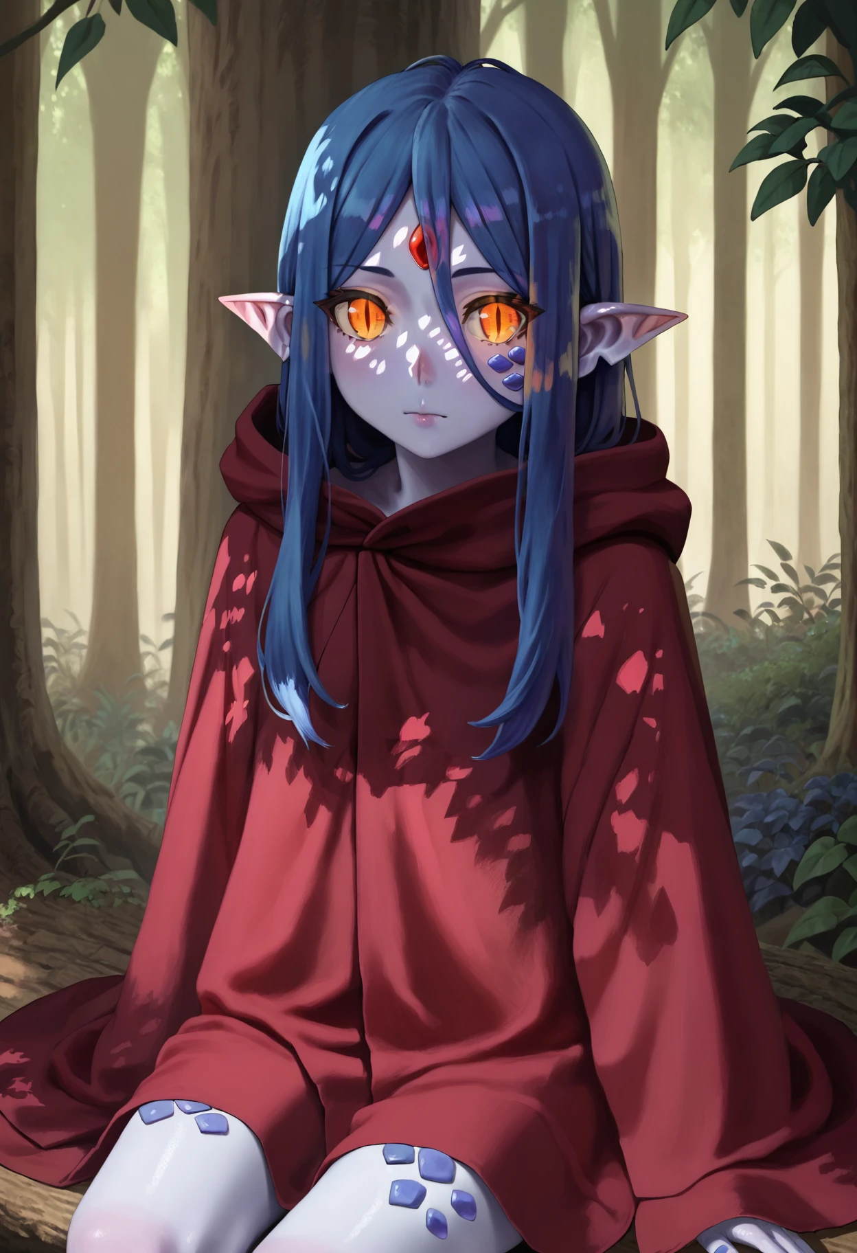 1girl, wiene, solo, slit pupils, monster girl, pointy ears, blue skin, white skin, sitting, wariza, <lora:wiene_ponyxl_v1:0.9>, red cloak, hooded cloak, forest, dappled sunlight
BREAK
score_9, score_8_up, score_7_up, score_6_up, anime, rating_safe, <lora:fiz-rot_pony_v3:0.4>, fizrotart, glowing eyes, BREAK
(high quality, detailed, beautiful), shiny, detailed beautiful eyes, outstanding, countershading, detailed soft lighting