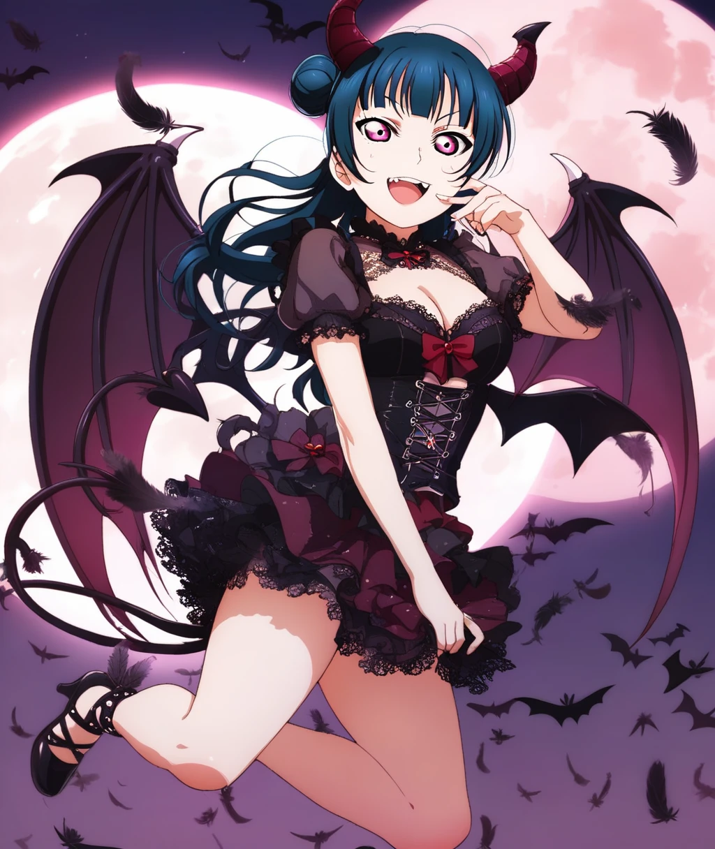 tsushima yoshiko, love live!, blue hair, purple eyes, long hair, single hair bun, medium breasts, 1girl, bat_wings, breasts, cleavage, demon_horns, demon_tail, feathers, high_heels, horns, legs, looking_at_viewer, one-eyed, open_mouth, purple_wings, skirt, skirt_hold, smile, solo, tail, full moon, wings, teeth, red moon, \\w/
BREAK
score_9, score_8_up, score_7_up, score_6_up, source_anime <lora:LLChar_Pony_Aq-000020:0.8>
