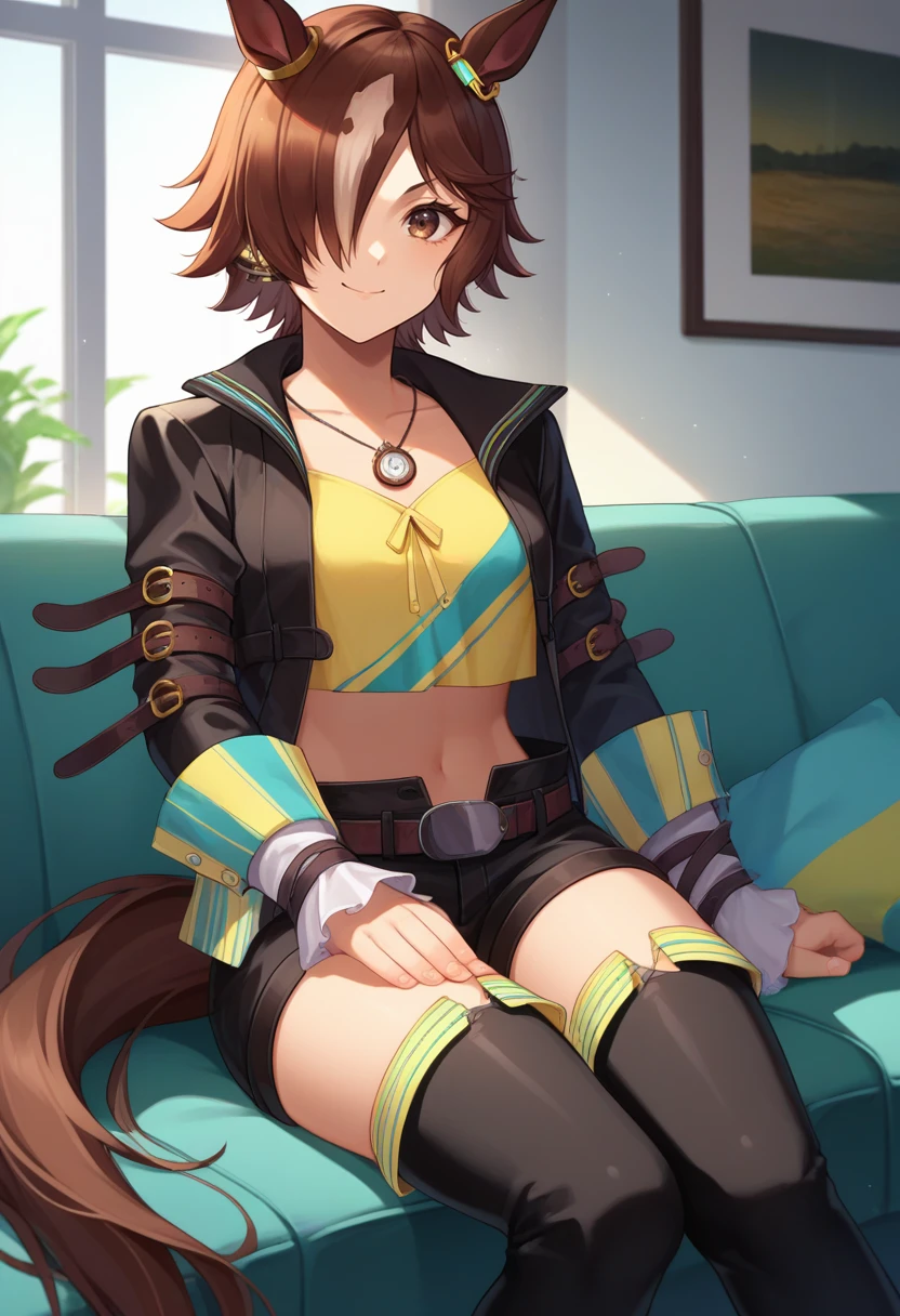 score_9, score_8_up, score_7_up, source_anime, solo, 1girl, umpdvodka, smile, looking at viewer, sitting, couch, hair over one eye, ponytail, animal ears, black jacket, long sleeves, yellow shirt, black shorts, thigh boots, belt, midriff, horse tail, indoors, living room <lora:umamusume_vodka_ponyXL:1>