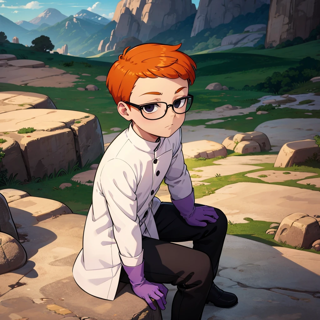 1boy, solo, Dexter,  orange hair, black eyes, glasses, white coat , purple gloves, black pants, child,     <lora:Dexter_DexterLab_Leaf2:0.8>, cowboy shot, looking at viewer, sitting, sitting on rock