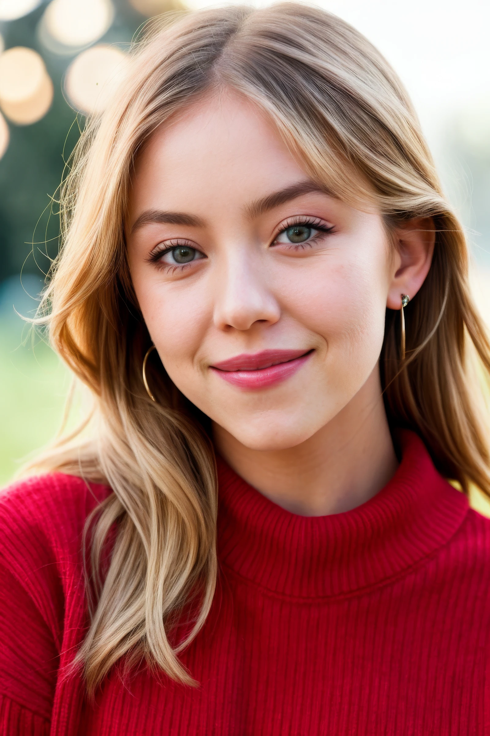 (sydsw33n3y_TI:0.9), closeup headshot of an attractive woman, (detailed eyes), in front of a strawberry background, long sleeve sweater, long pants, (cheerful expression), (open mouth:0.8), shallow depth of field, bokeh