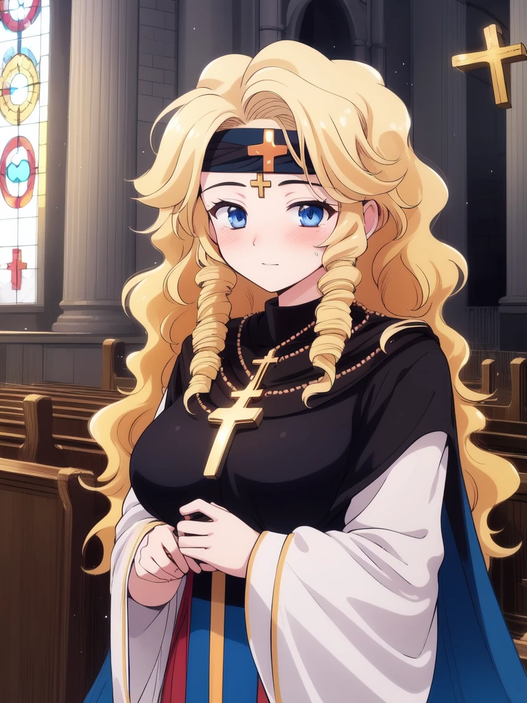 <lora:Linda_DKM:0.8>,LindaDKM, 1girl, blonde hair, blue eyes, solo, long hair, cross,  jewelry, necklace, wavy hair, cape, headband, circlet, magic, large_breasts,ãchurch in the room, church,
blush,
masterpiece, high quality, very_high_resolution, large_filesize, full color,