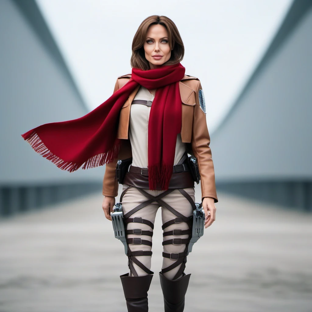 cinematic photo full body Angelina Jolie with  a red scarf and a leather jacket in a costume, attack on titan<lora:AoT1024:0.8> . 35mm photograph, film, bokeh, professional, 4k, highly detailed