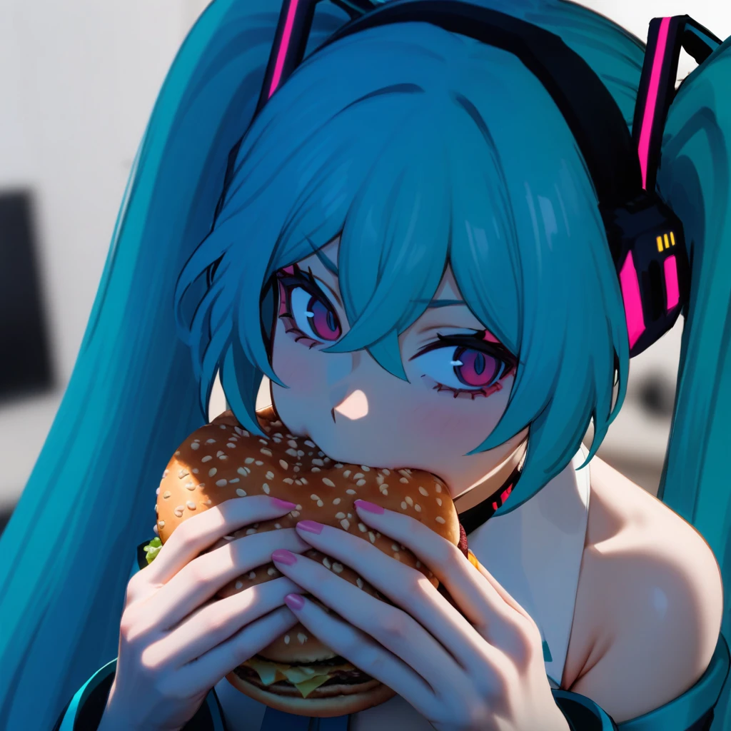 <lora:xl_jerma985_eating_a_whopper_(meme)(a3.1)-000012:1>,1girl,holding food,solo,burger,eating,blurry background,looking at viewer,upper body,hatsune miku,, masterpiece,best quality,