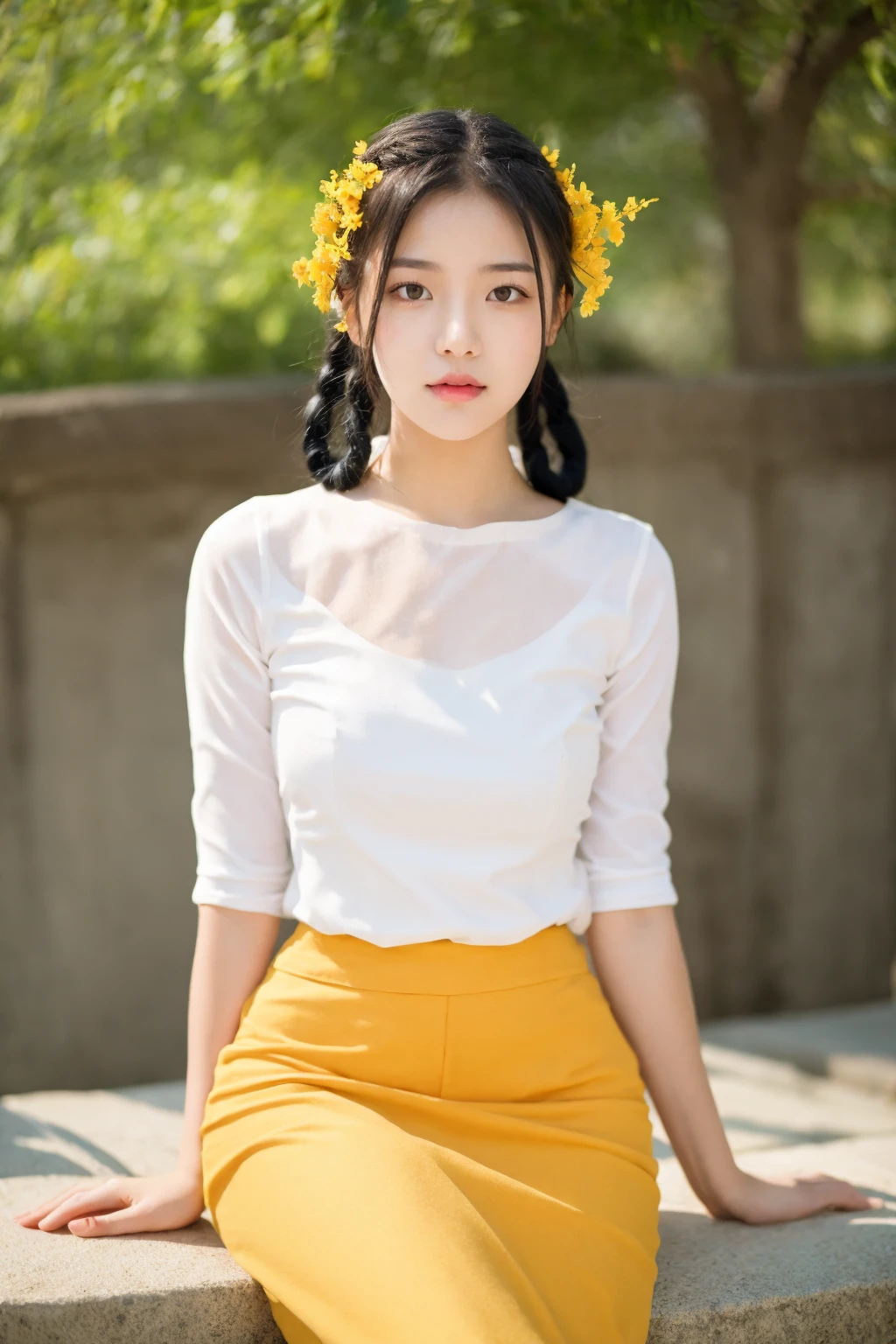 1girl, solo, sitting, black hair, flower, skirt, realistic, blurry background, braid, blurry <lora:Myanmar_Thingyan_Costume:0.9>,mm_thingyan,masterpiece,realistic,absurdres, high quality,