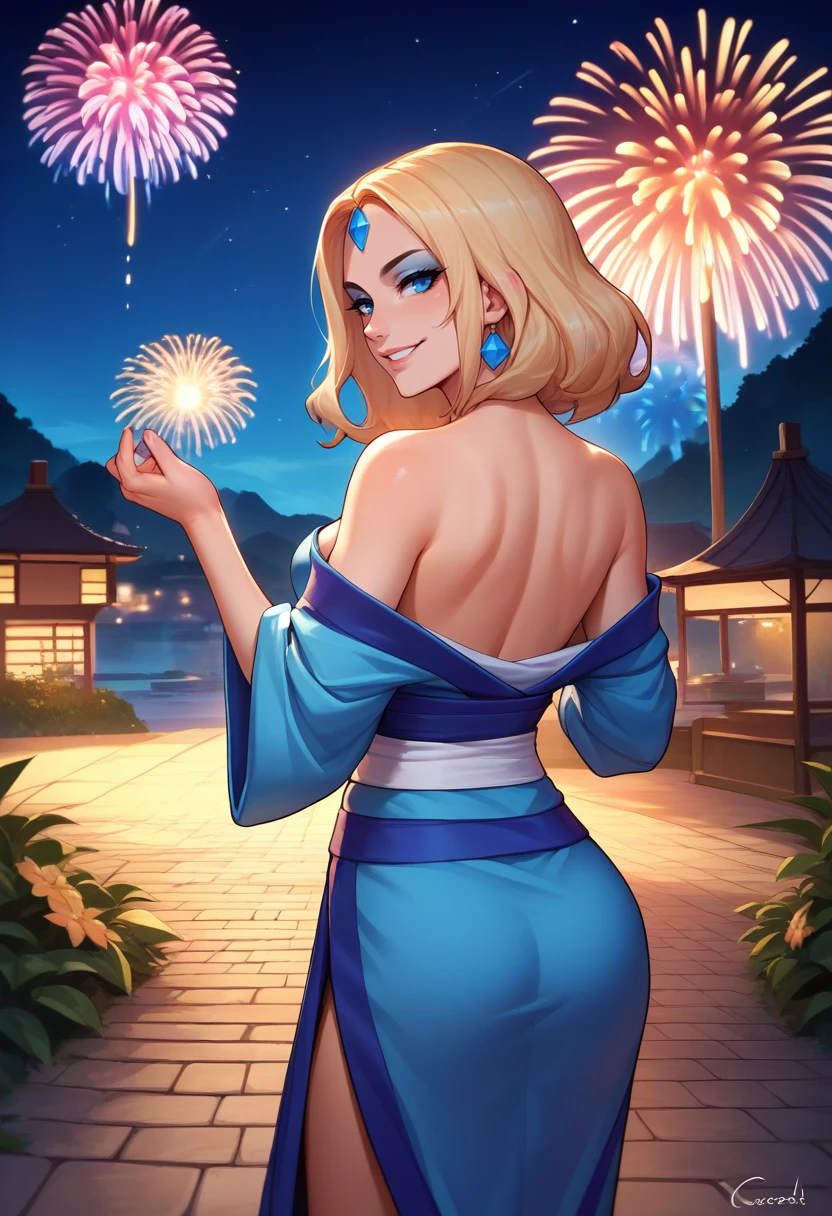 score_9, score_8_up, score_7_up, source_anime, from behind, solo, 1girl, crystalmaiden, makeup, smile, looking back, blue kimono, off shoulder, white sash, bare shoulders, fireworks <lora:dota2_crystalmaiden_ponyXL:1>