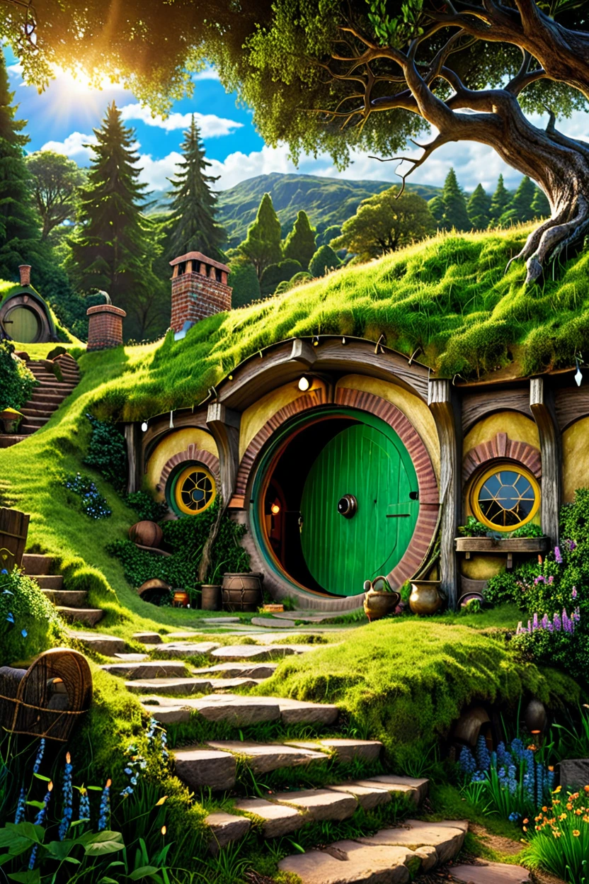 ((masterpiece, best quality)), high resolution, highly detailed, 32k picture, realistic, professional photo,    Hobbit Hole,  sky, day, tree, window, stairs, door, bush, house, path, night, deep forest, fireflies, bokeh, luminescent background,  ,<lora:Hobbit_Hole_SDXL:1.0>,