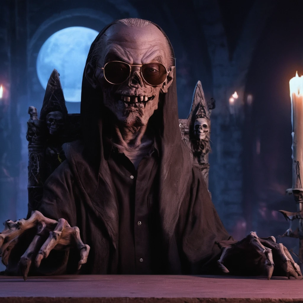 anime artwork of  <lora:Cryptkeeper:1>
Cryptkeeper a man with a creepy face sitting at a table,solo,1boy,male focus,cup,sunglasses,microphone,mug,skeleton,realistic,realistic,realism,photorealism,hyperrealism,hyperrealistic,realistic,sharp,detailed,cinematography style,film light style,movie still,professional photography,artistic,perfection,contrast,cinematic,filmic,high quality photo,8k quality,colorful,photography style,horror themed,Anthology Black comedy Dark fantasy Horror , tales from the crypt style, anime style, key visual, vibrant, studio anime,  highly detailed