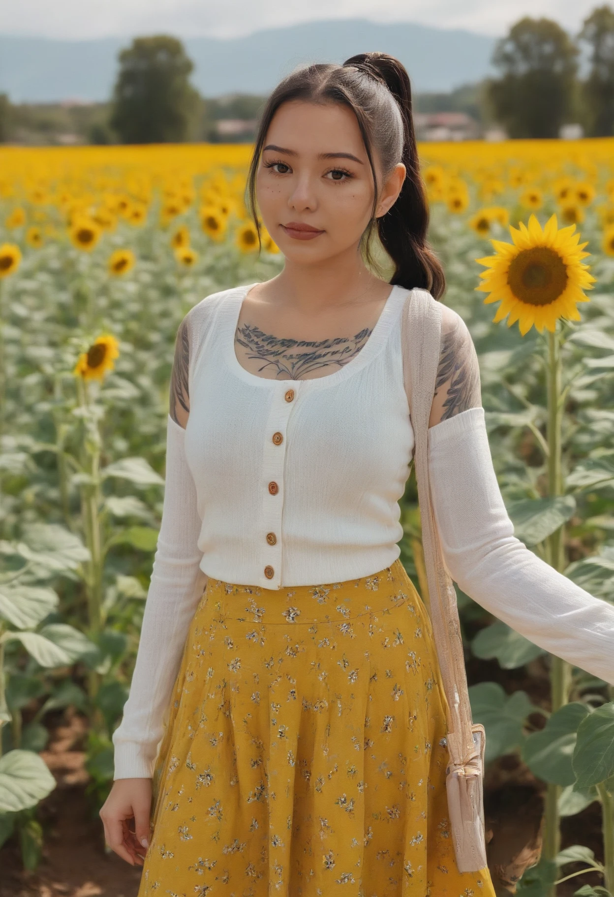 bellapoarch, a woman  <lora:bellapoarch-xl-new:1> pigtails, tattoos,  wearing cardigan and A-line skirt, coffee shop, sunflower field