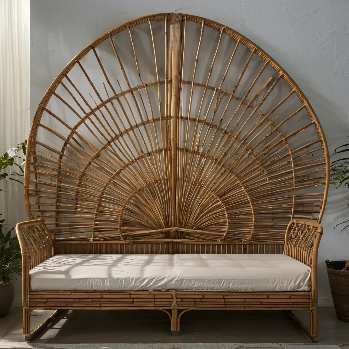 photo, bamboo furniture, peacock-shaped bench, rattan, backrest, curved, openwork, bohemian, handcrafted, cushion, beige, sunlight, indoors, bright, close-up
<lora:AIDVN_furniture_bamboo_v1:0.8>