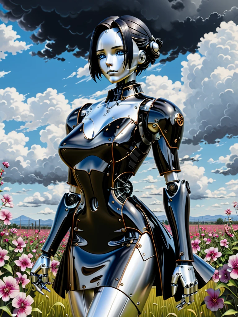 beautiful gynoid robot with robot machine head in a black dress standing in a field of flowers with a sky background and clouds in the background, Ayami Kojima, trending on artstation hq, an ultrafine detailed painting, gothic art,  face seams, black metal skin, black metal face
 <lora:Droids_Wearing_Clothes_XL_-_Panache-000008:1>  <lora:Jennifer8XL:0.7> j3nn1f3r8xl