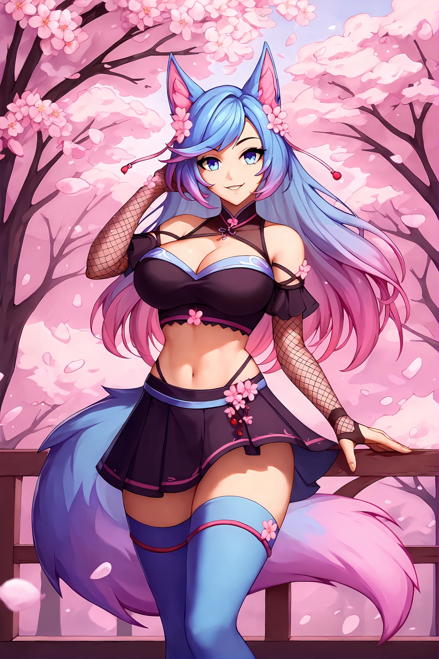 score_9,
score_9,
<lora:silvervale_v1_pruned:0.9>, silvervale,
black crop top, black skirt, fishnet gloves, blue thighhighs, pink thighhighs,
smile,
standing, cherry blossoms,
1girl, solo,
high resolution, Masterpiece,
high resolution, Masterpiece,
uncensored, rating_explicit,