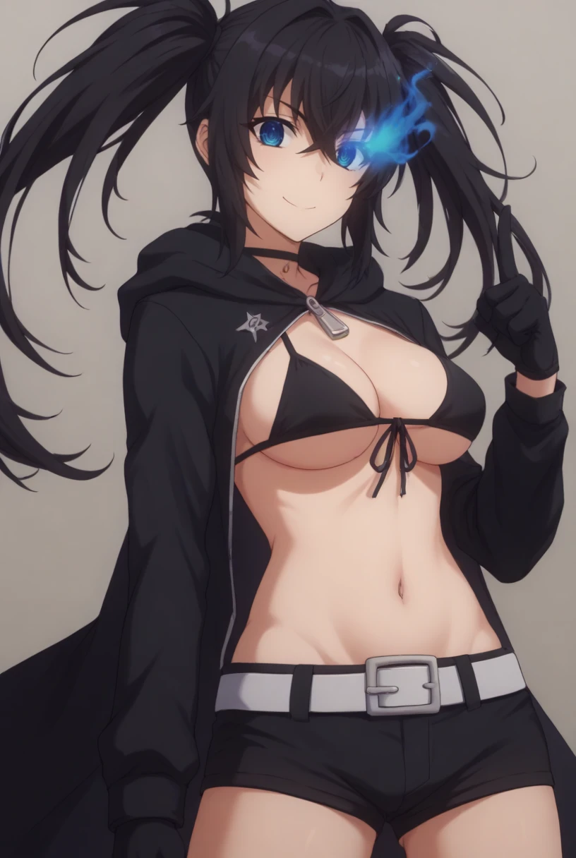 score_9, score_8_up, source_anime, solo, 1girl, cowboy shot, looking at viewer, cowboy shot,
<lora:BRSPdxlDwnsty:1> ,blue eyes, flaming eye, black hair, twintails, long hair, black jacket, bikini top only, black shorts, white belt, black gloves, <lora:DXD_Hero_Style-000006:1>,
large breasts, smile, pointing at viewer,
simple background, spiral,