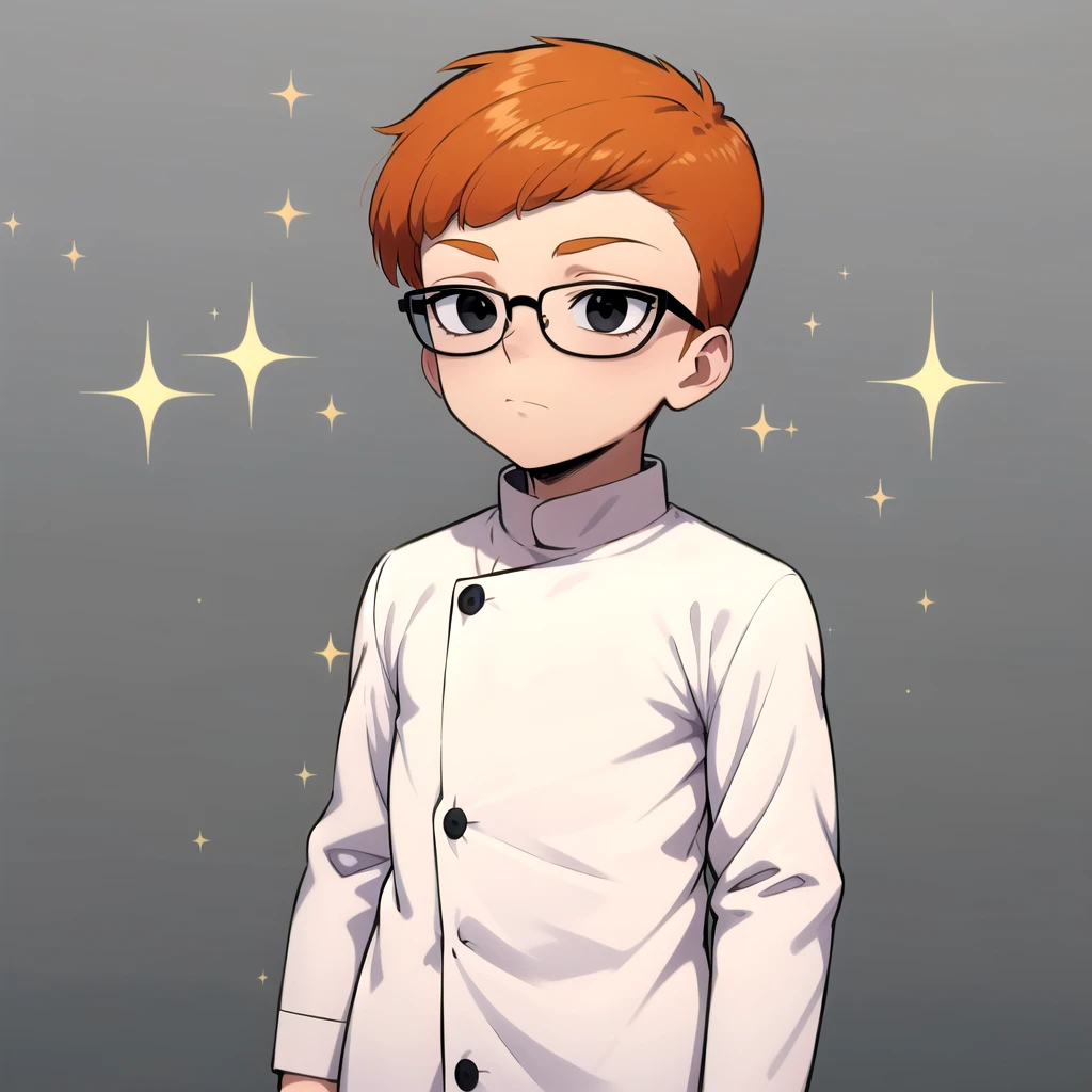 1boy, solo, Dexter,  orange hair, black eyes, glasses, white coat ,  black pants, child,     <lora:Dexter_DexterLab_Leaf2:0.8>, cowboy shot, looking at viewer,  grey background, sparkle,