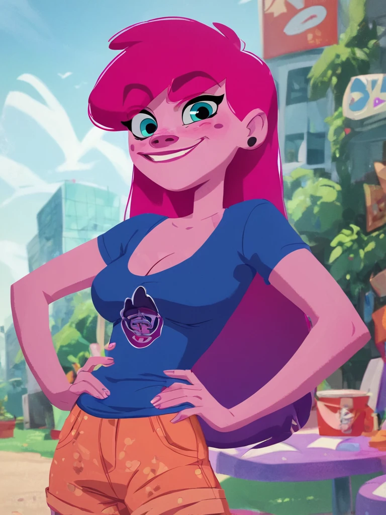 <lora:AnyMaluPony1.0:0.8> anymalu, solo, pink hair, 1girl, earrings, shirt, blue eyes, pink skin, long hair, smile, breasts, looking at viewer,shorts,outdoors, hand on own hip, cleavage,, score_9, score_8_up, score_7_up, score_6_up