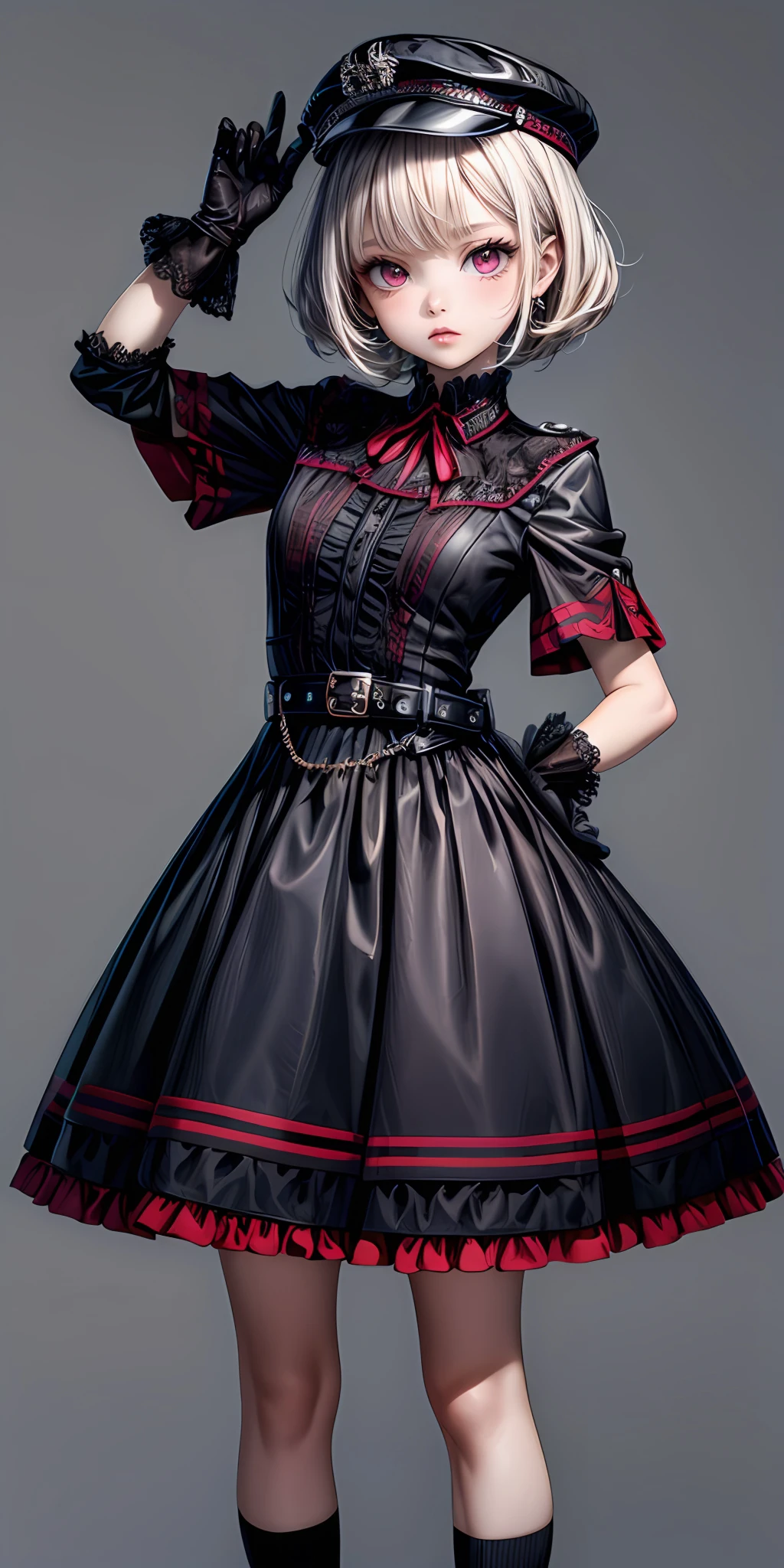(masterpiece,ultra-detailed,best quality,8K,CG,illustration,shaved:1.0),(ite girl:1.0) <lora:more_details:1>,simple background
<lora:military uniform v1.0:0.6> jyojifuku, m dress,hat, belt, gloves,black dress