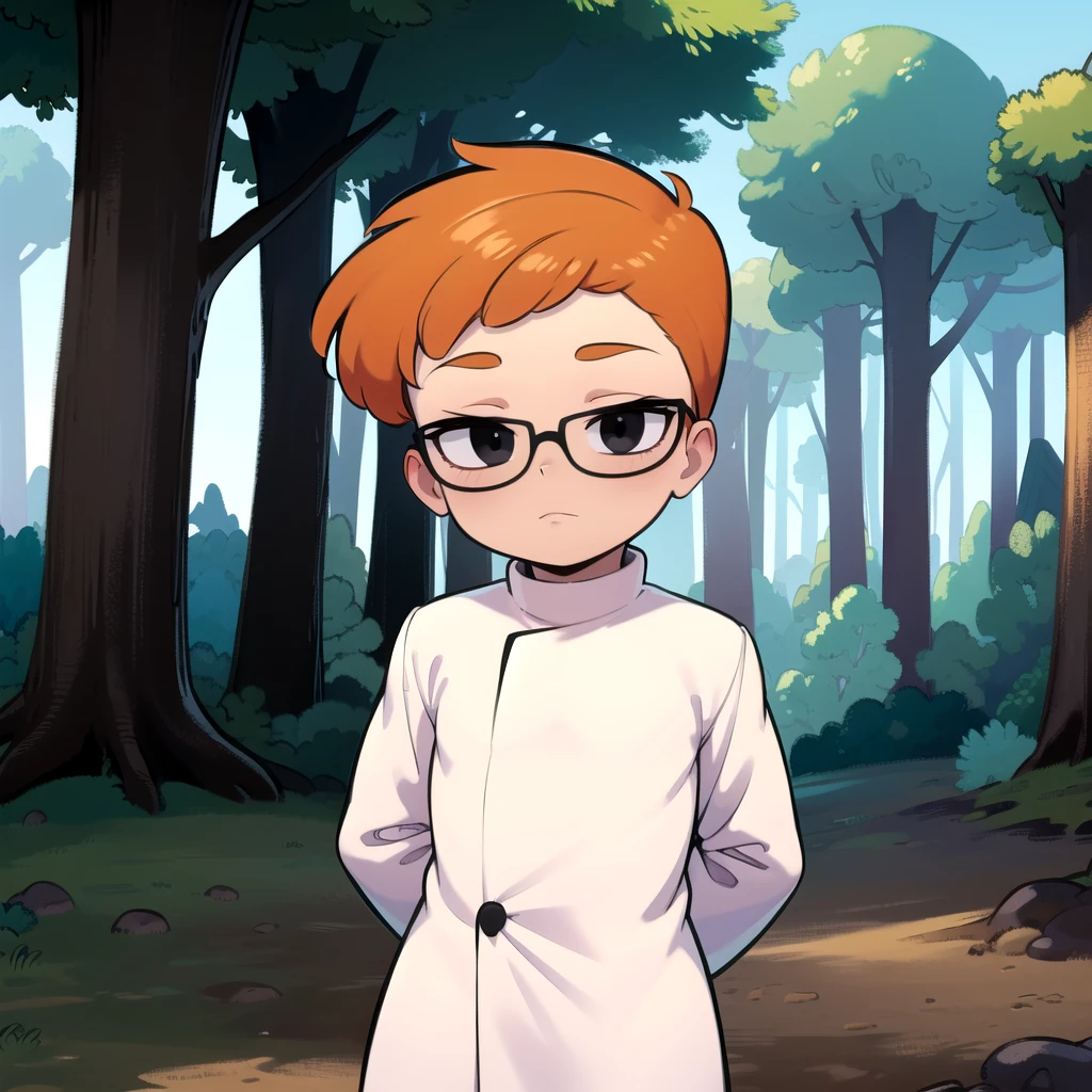 1boy, solo, Dexter,  orange hair, black eyes, glasses, white coat ,  black pants, purple gloves ,child,     <lora:Dexter_DexterLab_Leaf2:0.8>, cowboy shot, looking at viewer,  forest, arms behind back,