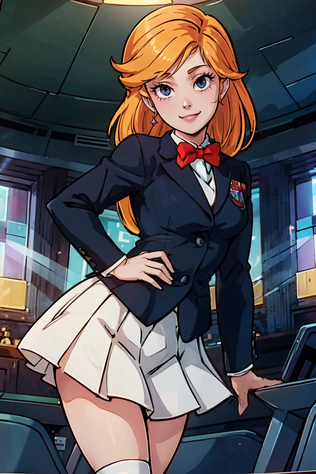 ((masterpiece,best quality)), absurdres, <lora:MinervaTransformer:0.7>, zzMinerva, skirt, long sleeves, bow, school uniform, standing, jacket, pleated skirt, socks, bowtie, black eyes, blazer,   cowboy shot, smile, looking at viewer,