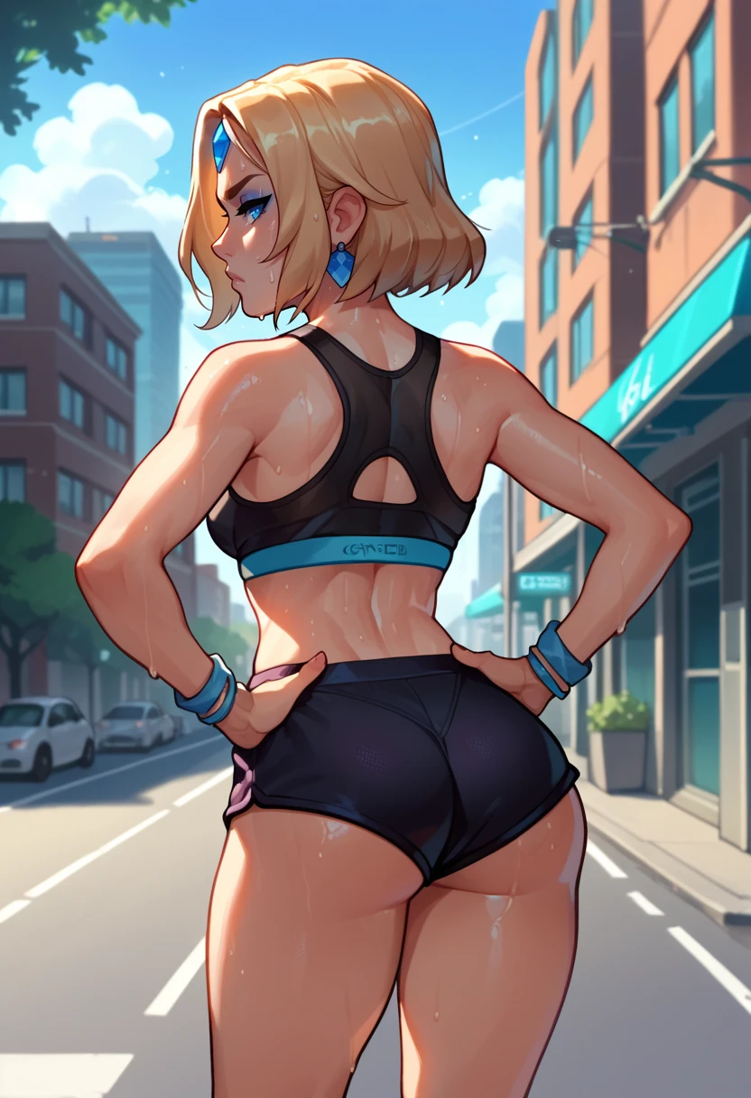 score_9, score_8_up, score_7_up, source_anime, from behind, solo, 1girl, crystalmaiden, sweat, expressionless, looking back, hands on own hips, black sports bra, black shorts, ass, outdoors, city street <lora:dota2_crystalmaiden_ponyXL:1>