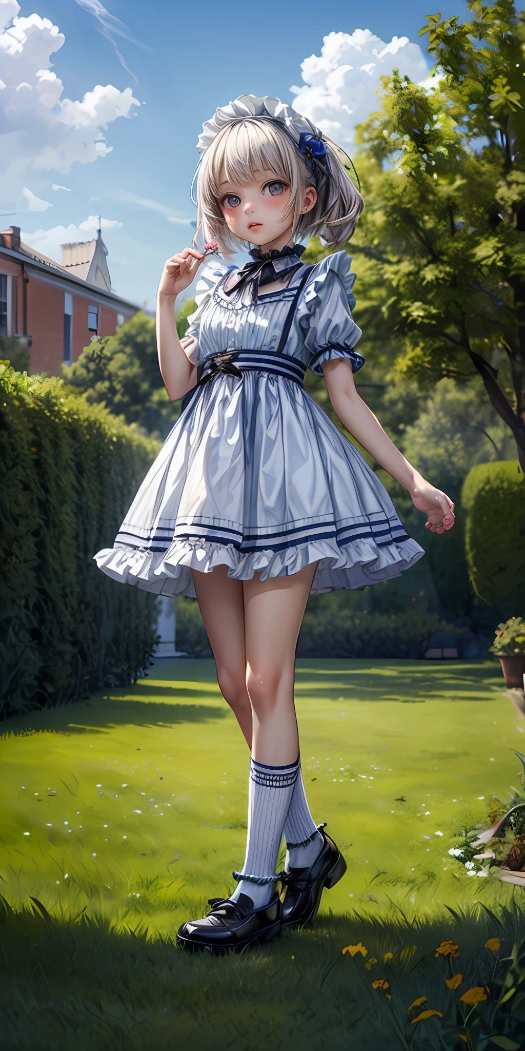 (masterpiece,ultra-detailed,best quality,8K,CG,illustration,shaved:1.0),(ite girl:1.2) <lora:more_details:1>,garden,flower,outdoor,sky
<lora:maid v1.0:0.5> jyojifuku, frills,socks,shoes,