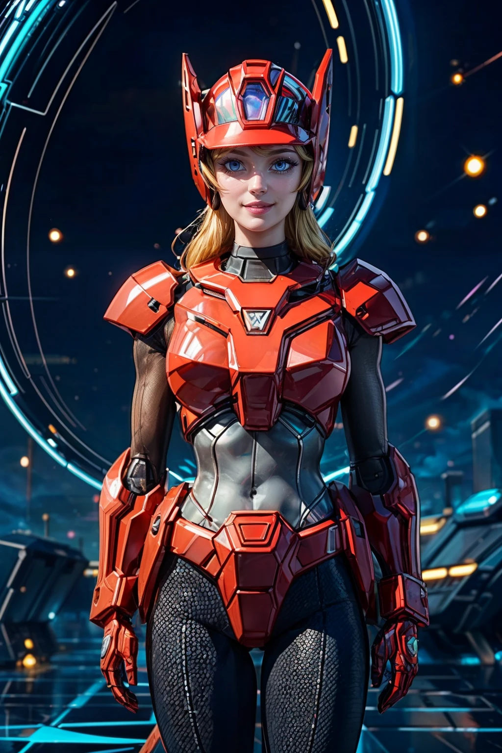 (ultra realistic,32k, masterpiece:1.2),(high detailed skin:1.1),( high quality:1.1),  <lora:MinervaTransformer:0.6>, zzMinerva, visor, blonde, gloves, armor, helmet, robot, metallic, shiny metal,  cowboy shot, smile, looking at viewer,   blooming stars, luminescent lights, otherworldly cosmos,  blurry background, (looking at viewer, standing:1.1),  <lora:add_detail:0.92>, (glowwave:1.1),