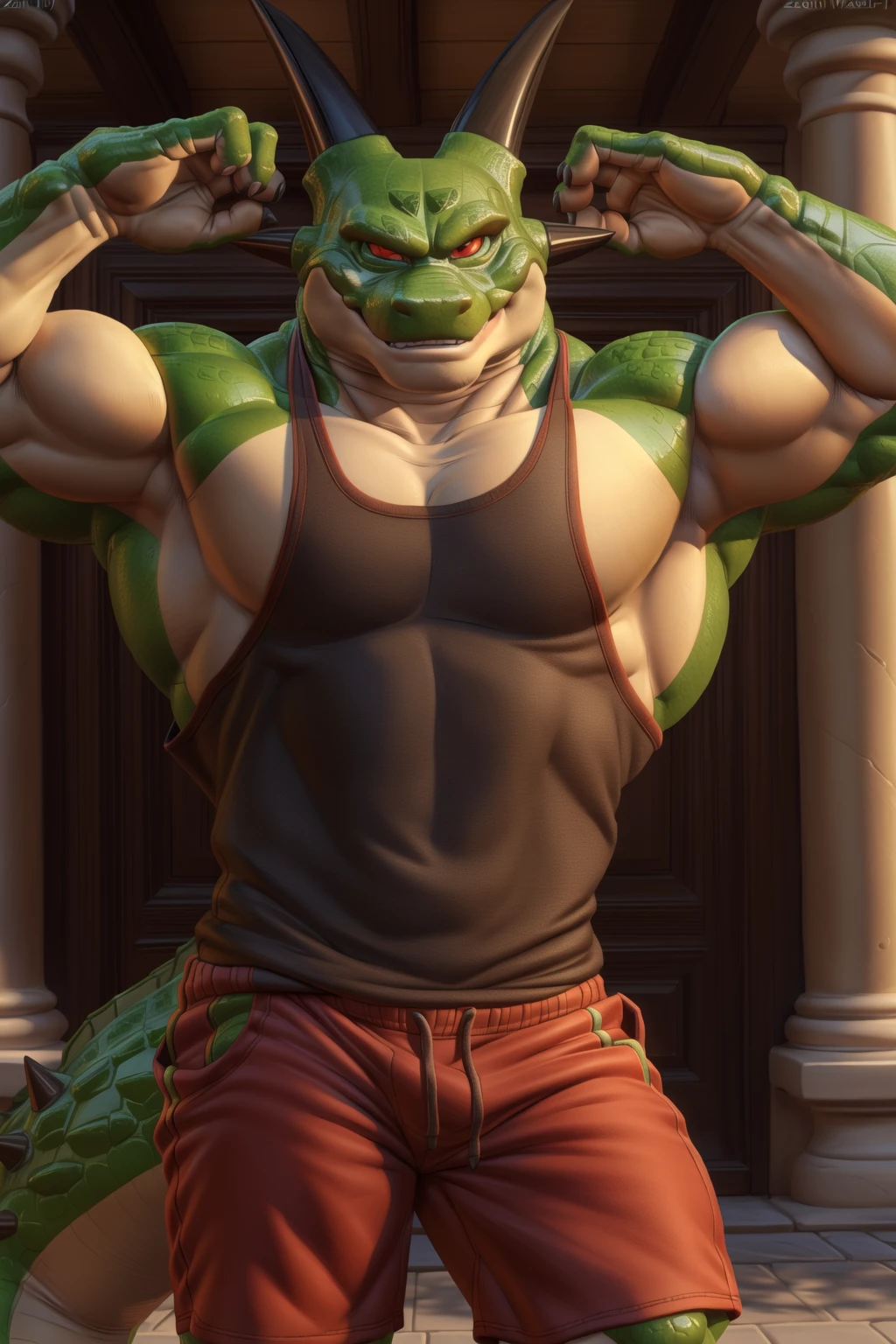 <lora:porunga-07:0.9>, porunga, spikes, muscular male, red eyes, (pose:1.3), (pinup), (soft shading), 4k, hi res, ((detailed face, detailed)), by zackarry911, by zaush, (by personalami:0.5), looking at viewer, shorts, tank top, flexing, smile,