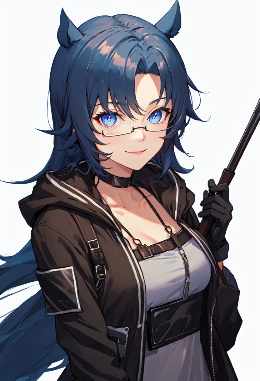 best quality, masterpiece, highres, solo, (fang_arknights:1.10), 1girl, black choker, black jacket, looking at viewer, open jacket, white background, collarbone, shirt, simple background, closed mouth, upper body, gloves, hood, long sleeves, smile, holding, 3 <lora:fang_arknights:0.80>